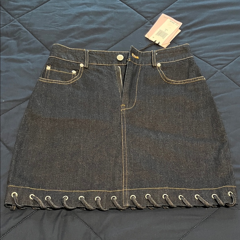 Avec Les Filles Dark Denim Mini Skirt with Eyelet Detail